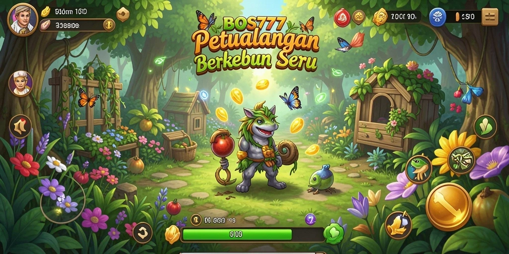 Screenshot gameplay BOS777 menampilkan kebun yang subur dan aktivitas panen.