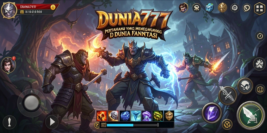 Screenshot gameplay DUNIA777 yang menunjukkan pertarungan Tower Defense.