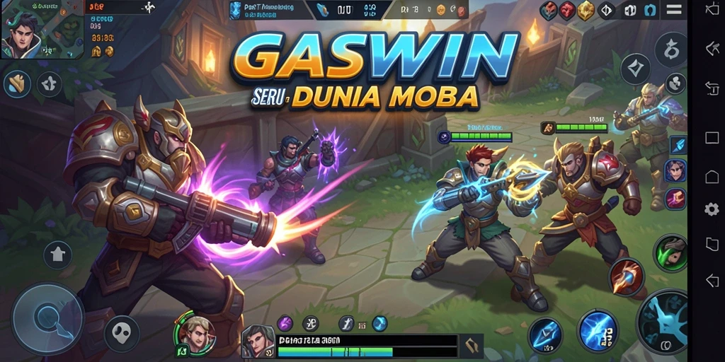 Tampilan game GASWIN dengan aksi pertarungan MOBA yang intens.